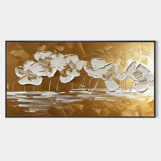 Elegant White Flower Oil Painting with Gold Background for Home Decor