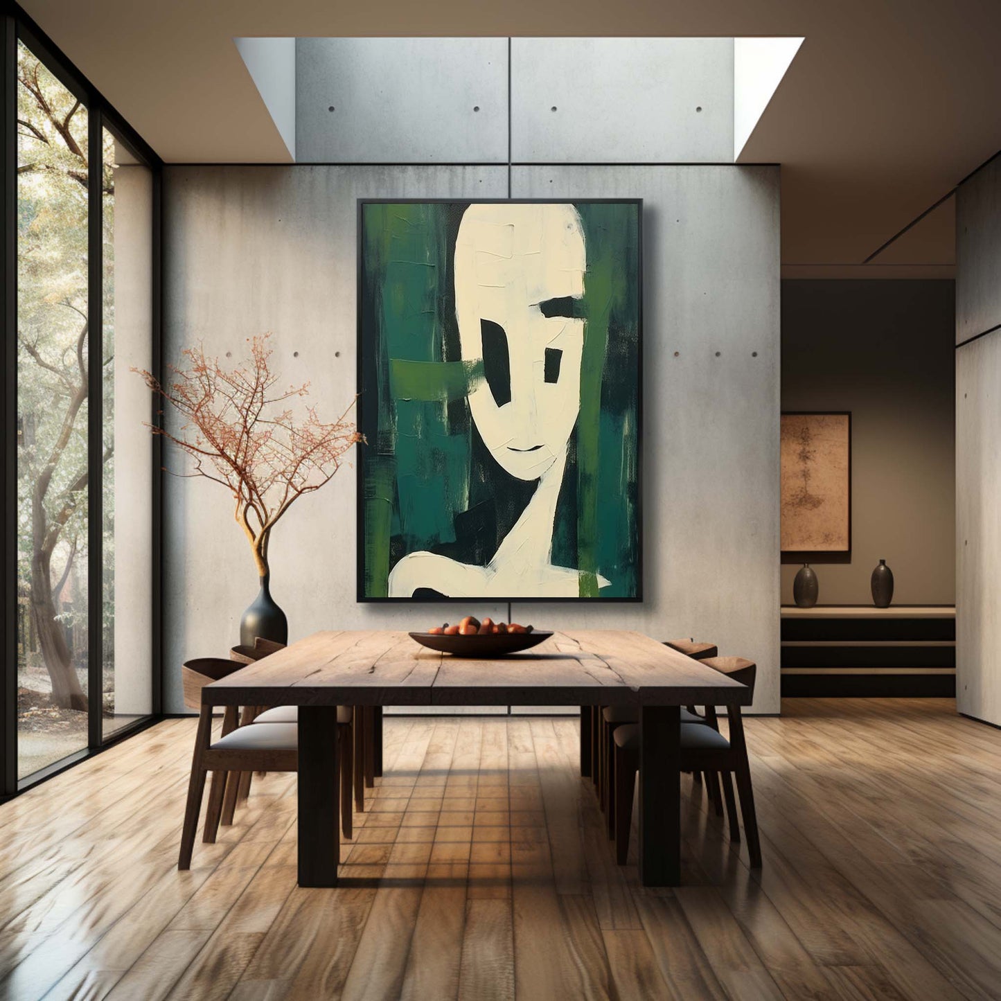 Abstract Minimalist Portrait with Green Accents - Contemporary Oil Painting Decor