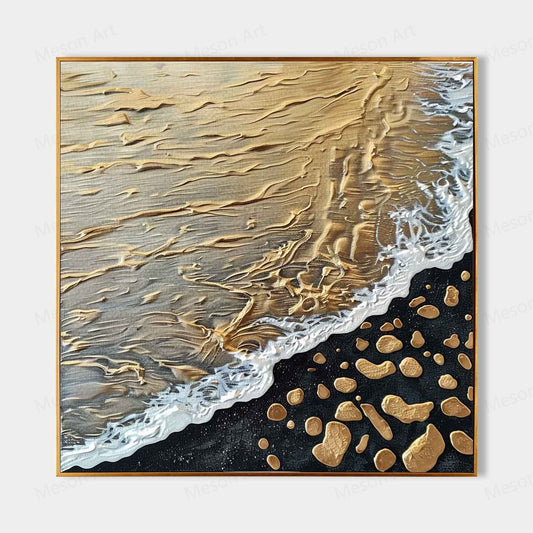 Golden Beach Waves Abstract Oil Painting with Textured Details