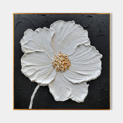 Elegant White Flower Abstract Oil Painting on Black Canvas for Modern Decor