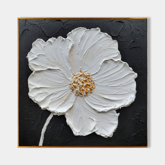Elegant White Flower Abstract Oil Painting on Black Canvas for Modern Decor