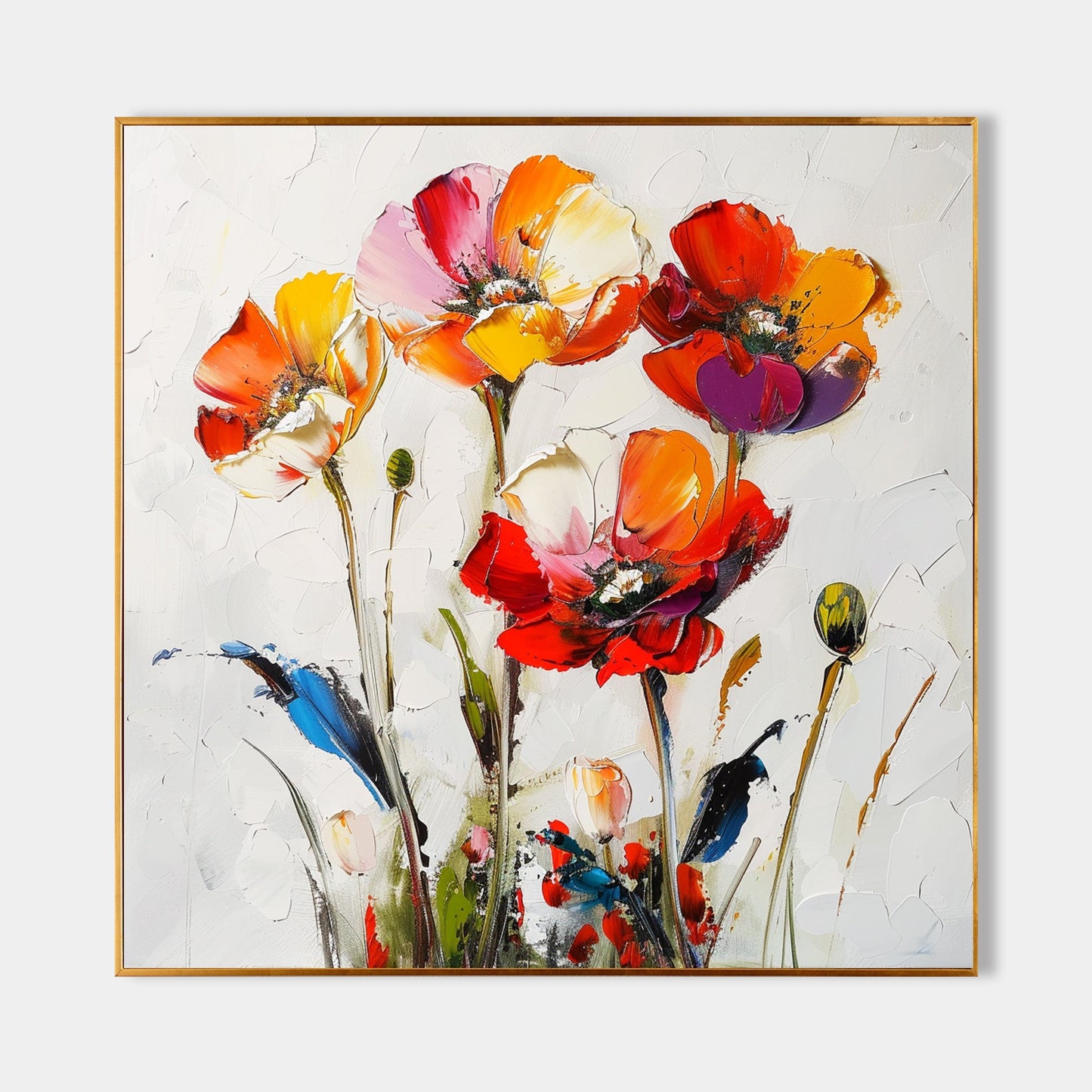 Vibrant Abstract Floral Oil Painting with Colorful Poppies for Modern Home Décor