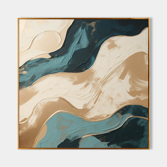 Elegant Textured Waves Oil Painting in Gold and Teal Tones