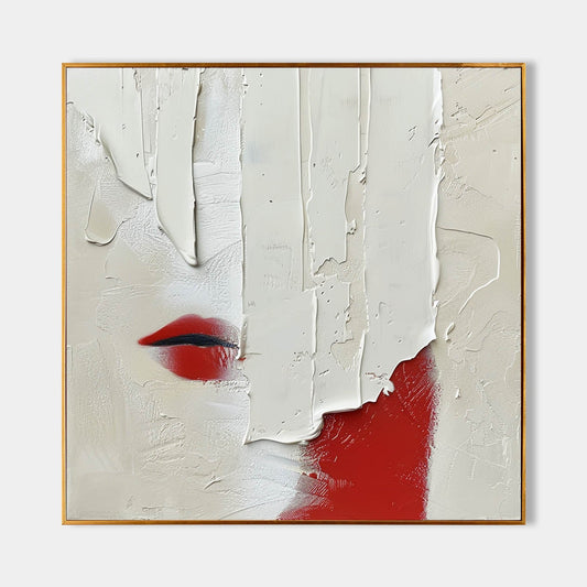 Abstract Minimalist Oil Painting with Bold Red Accent and Textured White Surface