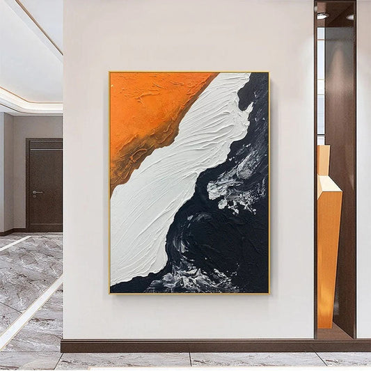 Serene Abstract Ocean Waves Oil Painting in Vibrant Orange and Deep Black Tones