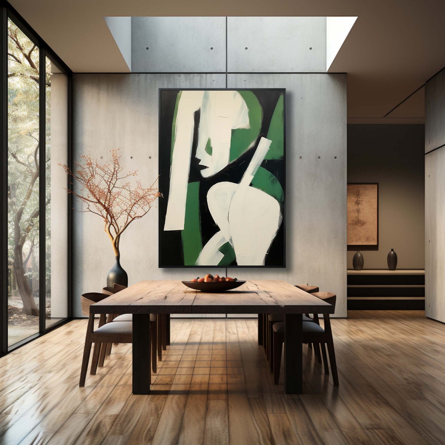 Abstract Green and White Figure – Modern Minimalist Oil Painting for Contemporary Home Decor