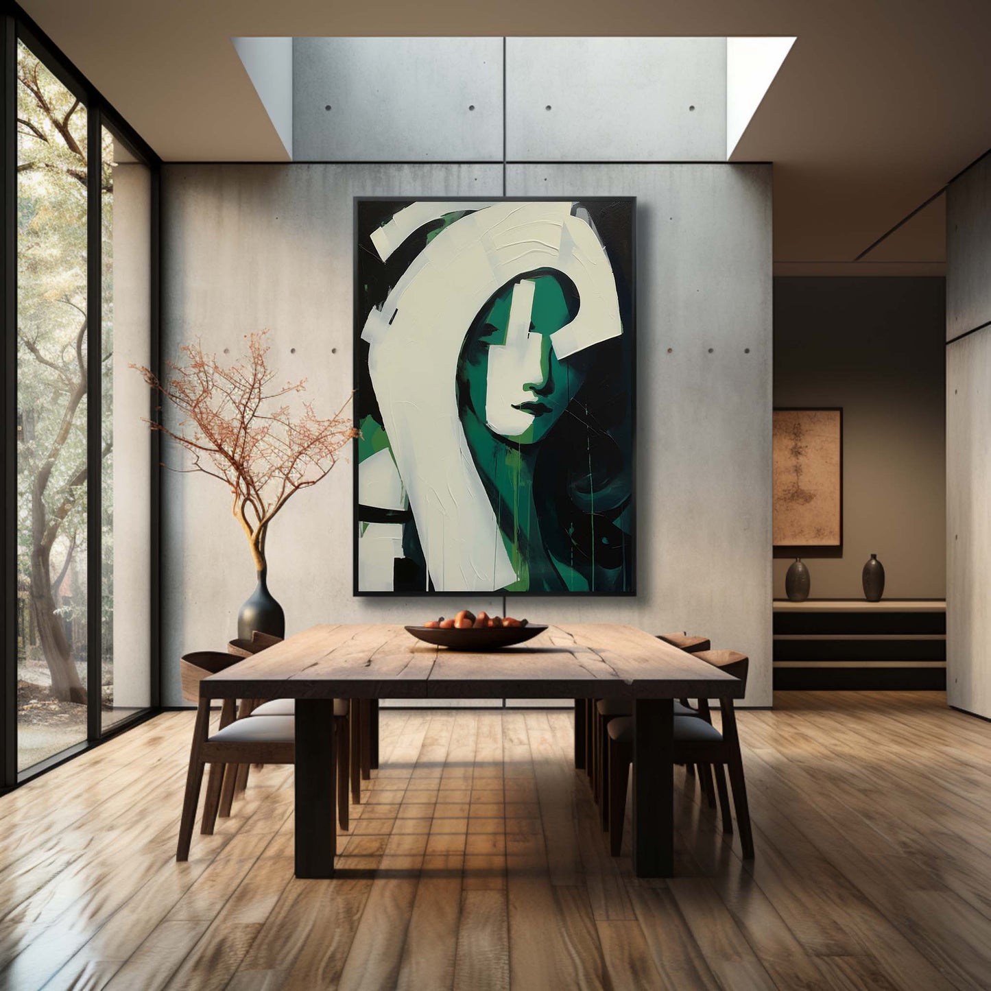 Modern Abstract Oil Painting of a Green-Hued Face in Minimalist Style
