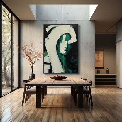 Modern Abstract Oil Painting of a Green-Hued Face in Minimalist Style