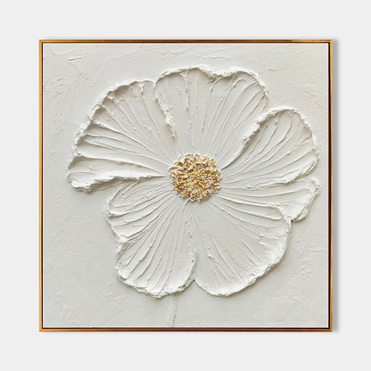 Elegant White Flower Oil Painting with Textured Petals and Gold Accents