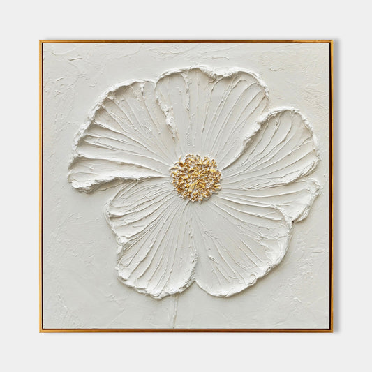 Elegant White Flower Oil Painting with Textured Petals and Gold Accents