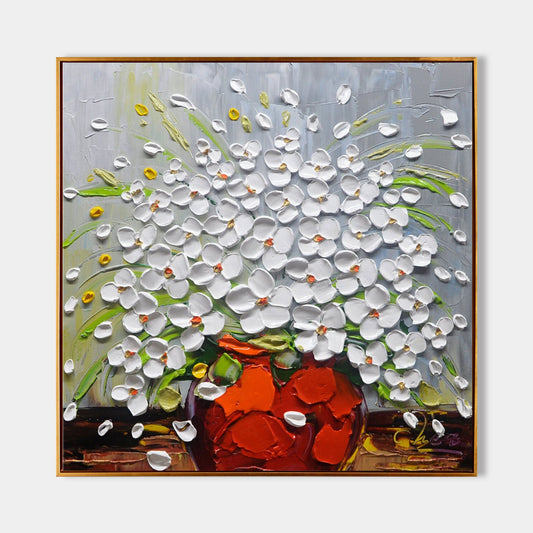 Vibrant Floral Still Life with White Flowers in a Bold Orange Vase