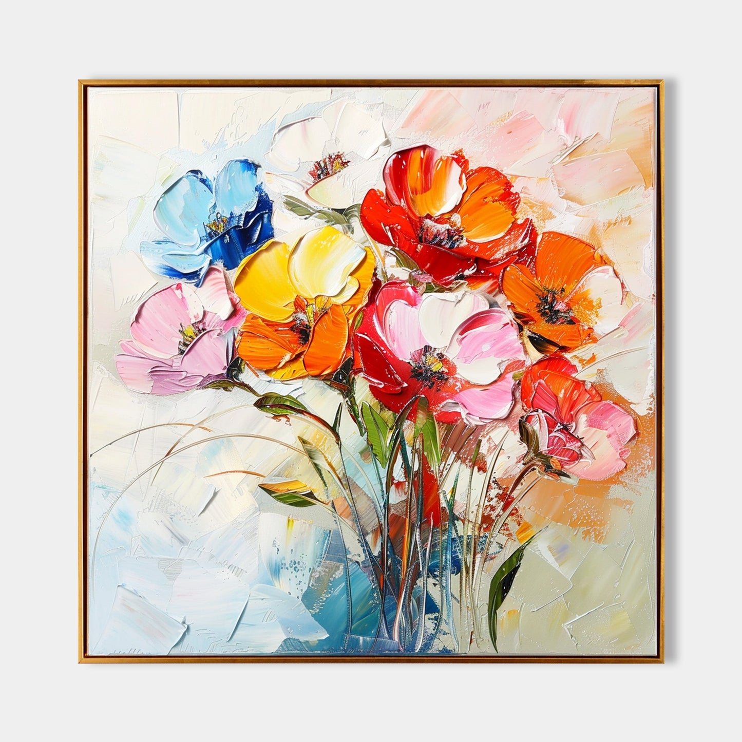 Vibrant Floral Abstract Oil Painting - Colorful Flower Bouquet on Canvas Art