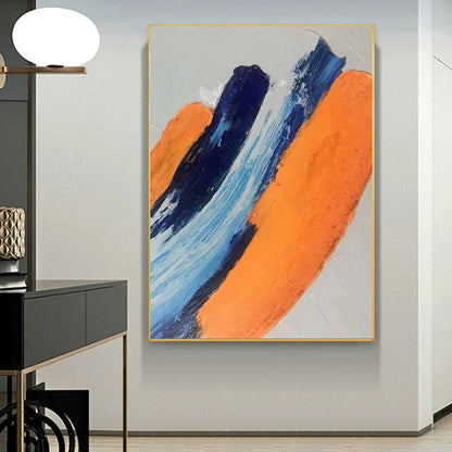 Vibrant Abstract Oil Painting with Dynamic Blue and Orange Brush Strokes for Modern Decor