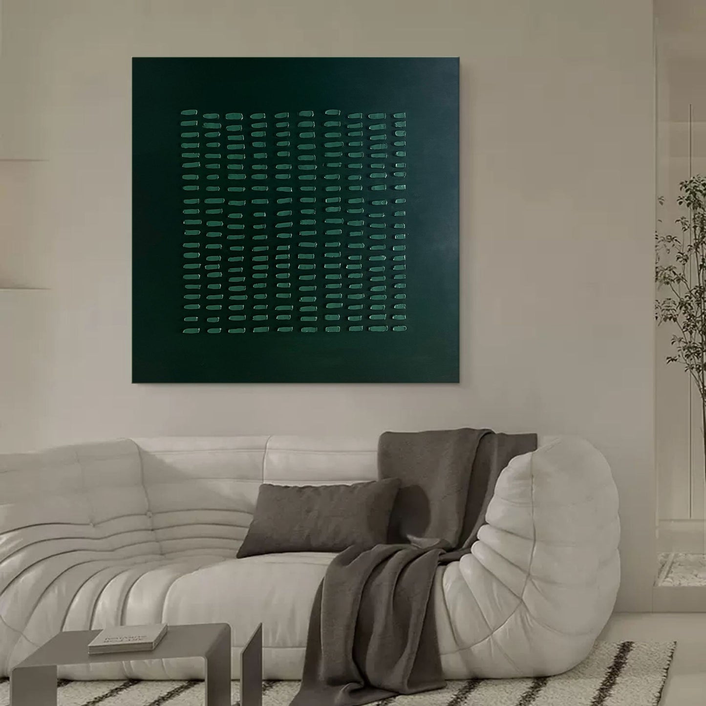 Abstract Green Grid Oil Painting for Modern Wabi-Sabi Home Decor