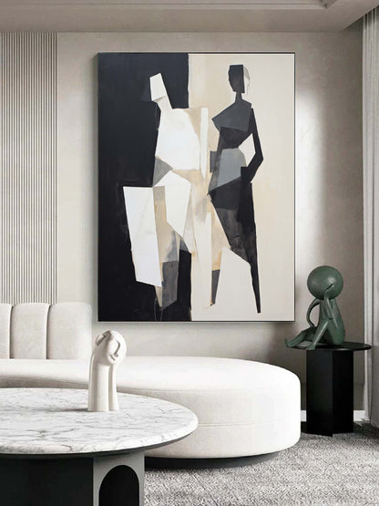 Stylish Abstract Oil Painting in Black and White for Modern Home Decor