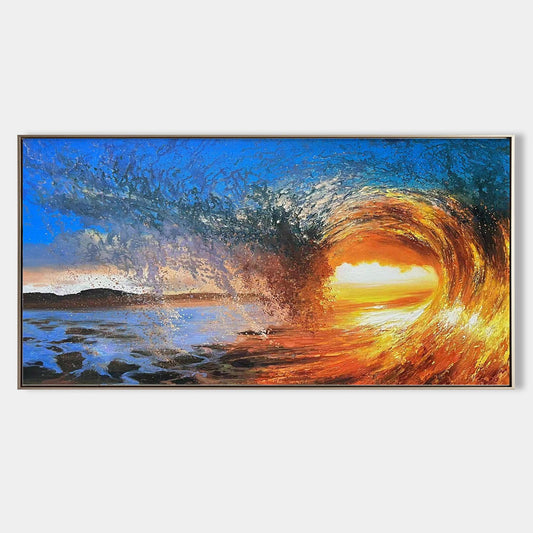 Vibrant Sunset Wave Over Ocean - Stunning Oil Painting for Beach Lovers