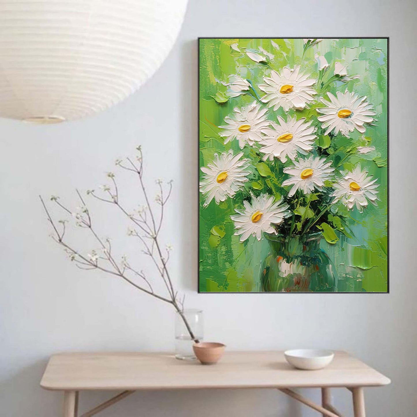 Vibrant Daisy Bouquet Oil Painting in Green and White for Bright Home Decor