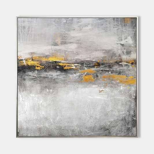 Bold Abstract Landscape Oil Painting with Textured Grays and Vibrant Gold Accents