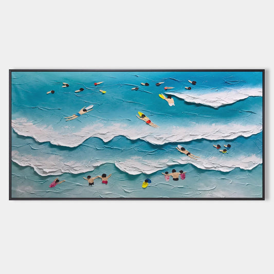 Vibrant Beach Scene Oil Painting with Textured Waves and Summer Fun