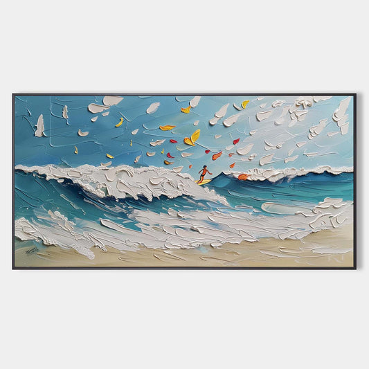Dynamic Ocean Waves Oil Painting with Surfer and Whimsical Clouds