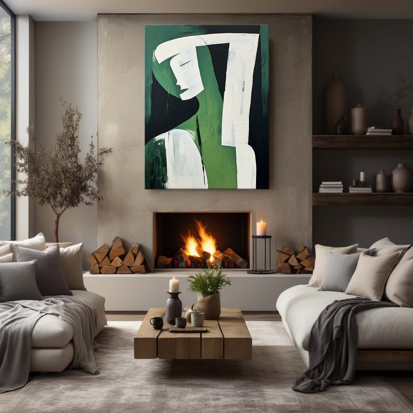 Abstract Green Figure Oil Painting - Modern Minimalist Wall Art for Contemporary Decor