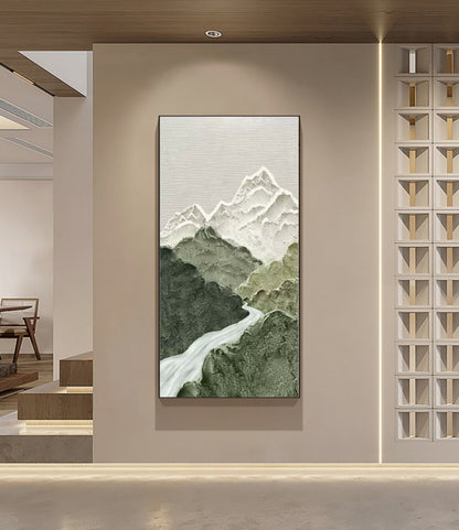 Serene Mountain Landscape Oil Painting, Wabi-Sabi Wall Decor for Tranquil Home