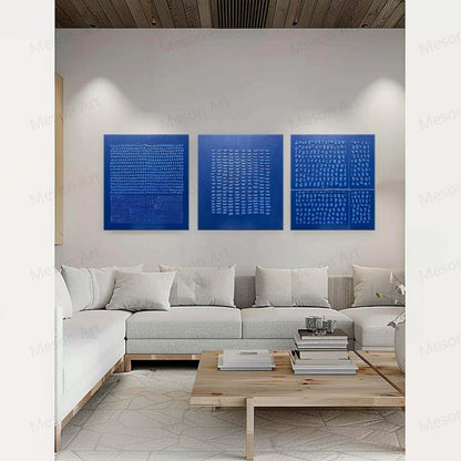 Contemporary Blue Abstract Triptych Oil Painting for Modern Home Decor