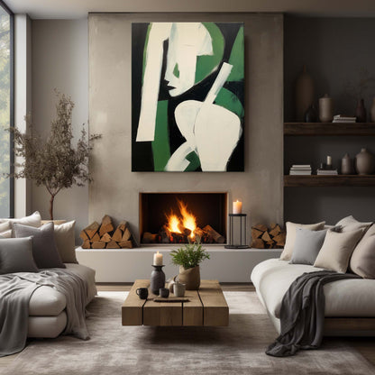 Abstract Green and White Figure – Modern Minimalist Oil Painting for Contemporary Home Decor