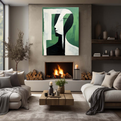 Abstract Green Face Oil Painting - Modern Minimalist Wall Art for Contemporary Spaces