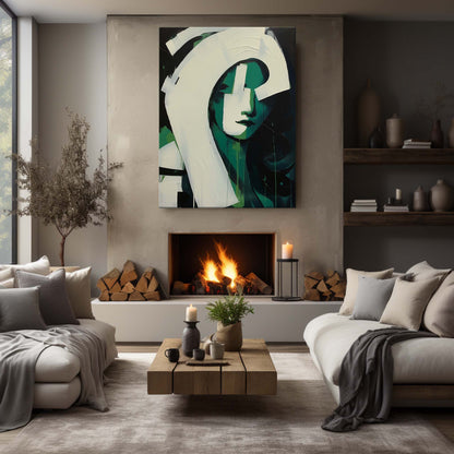 Modern Abstract Oil Painting of a Green-Hued Face in Minimalist Style