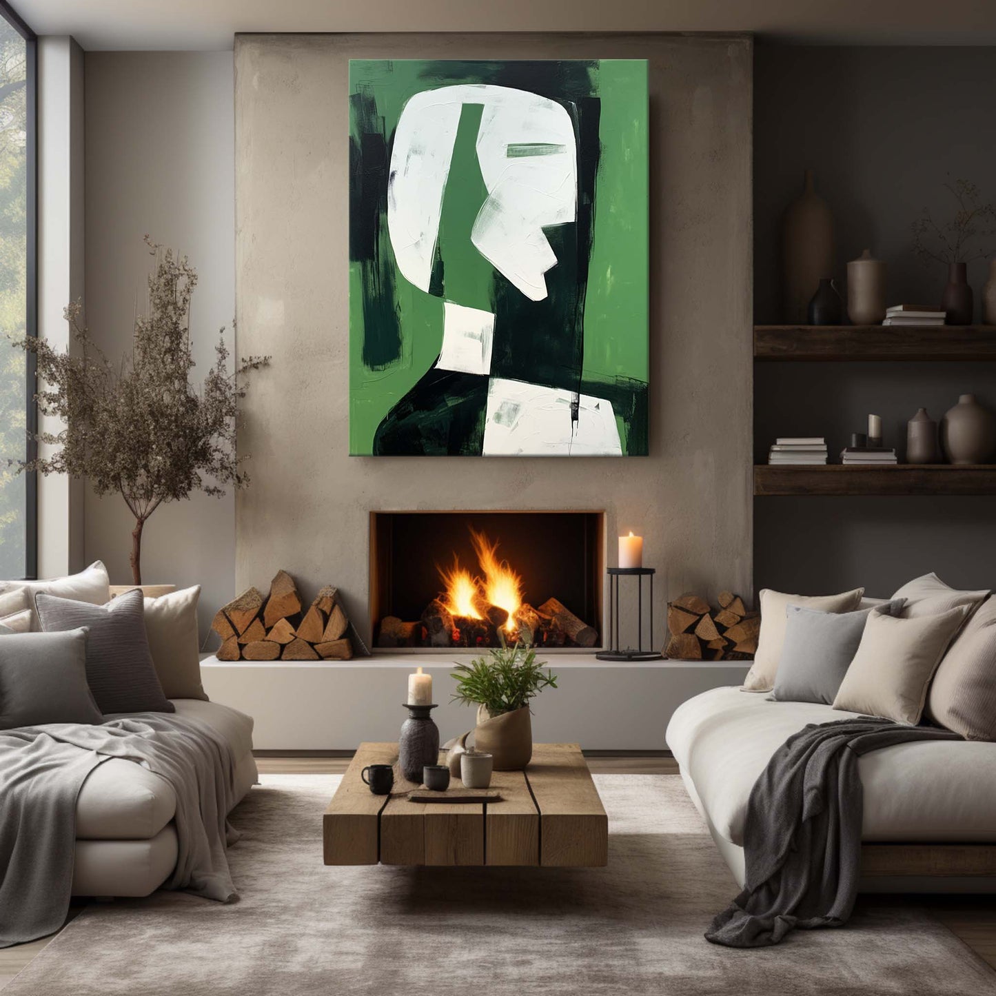 Abstract Green Minimalist Oil Painting for Modern Home Decor