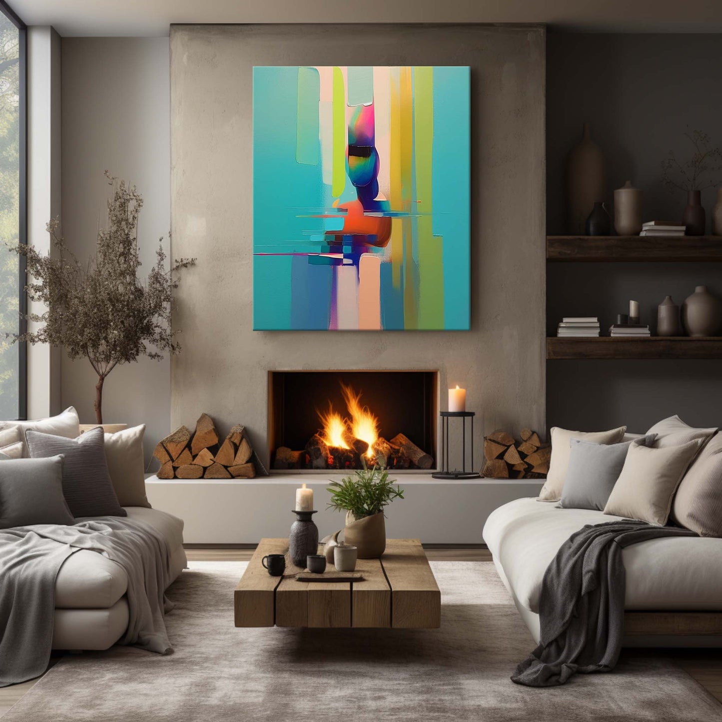 Vibrant Abstract Oil Painting with Colorful Brush Strokes and Flowing Shapes