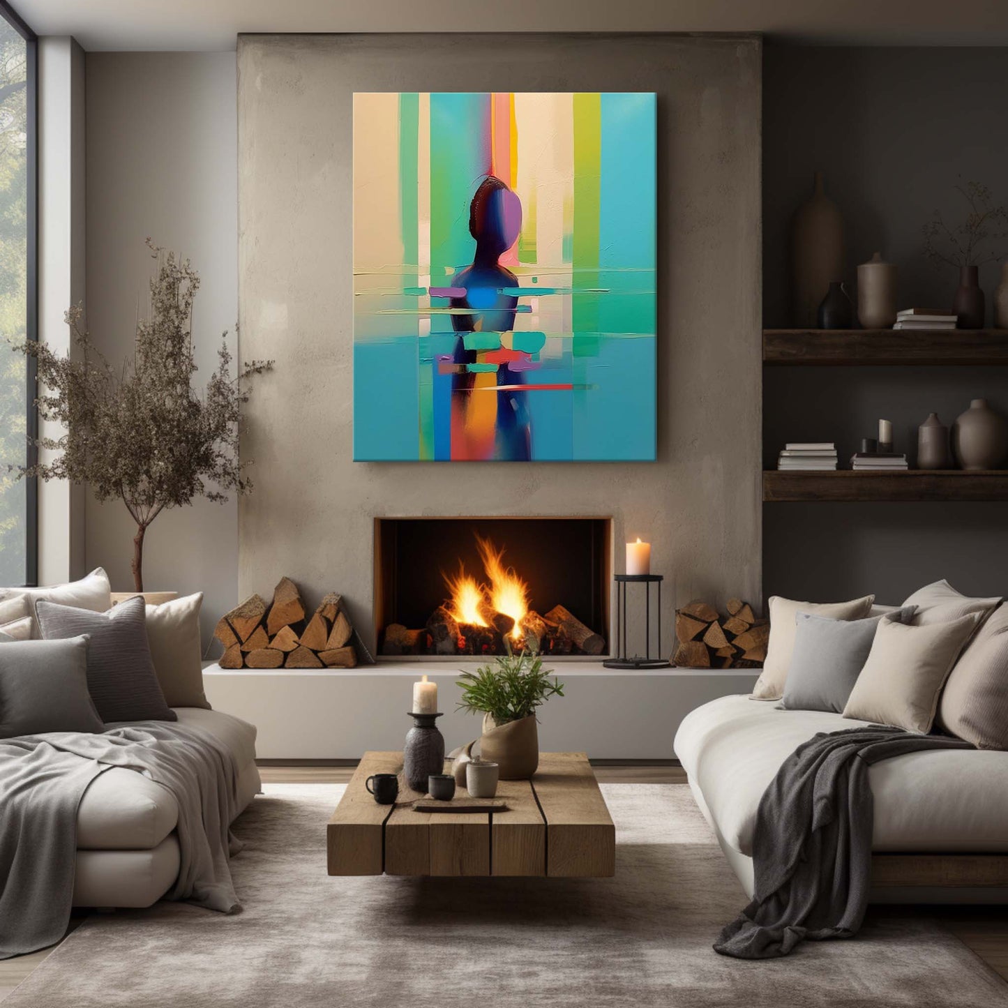 Abstract Colorful Oil Painting of a Silhouette in Vibrant Stripes