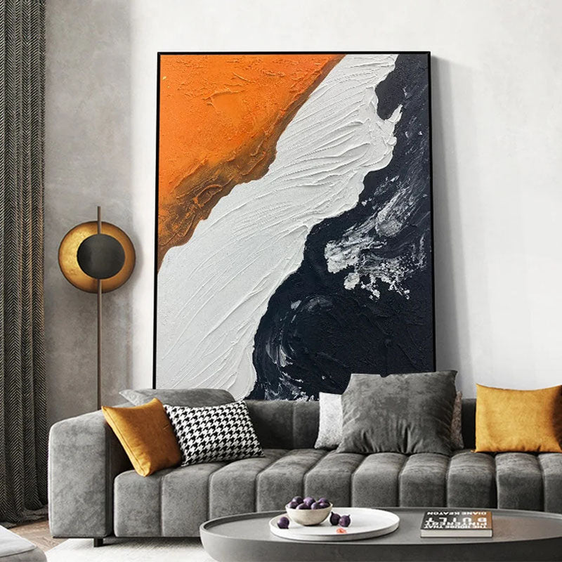 Serene Abstract Ocean Waves Oil Painting in Vibrant Orange and Deep Black Tones