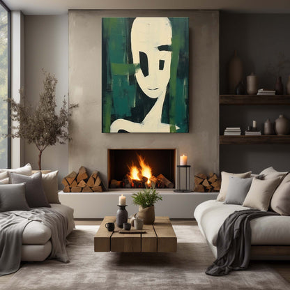 Abstract Minimalist Portrait with Green Accents - Contemporary Oil Painting Decor