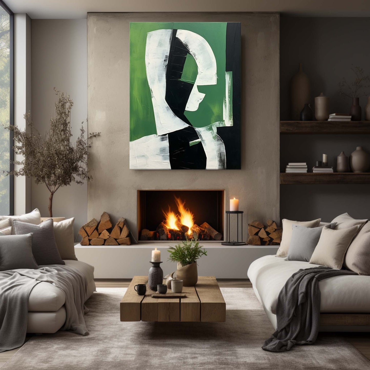 Abstract Green and Black Minimalist Oil Painting for Modern Home Decor