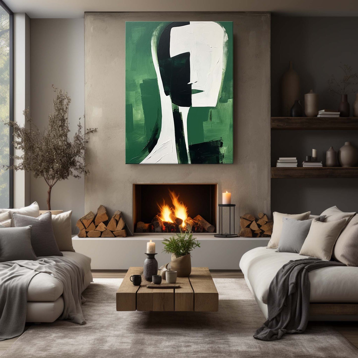 Abstract Green and Black Minimalist Oil Painting for Modern Home Decor