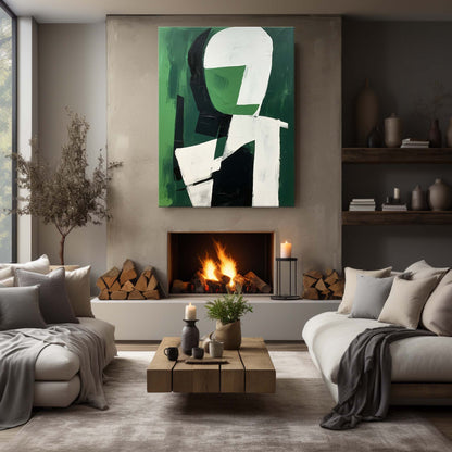 Modern Abstract Oil Painting in Green and White for Minimalist Decor