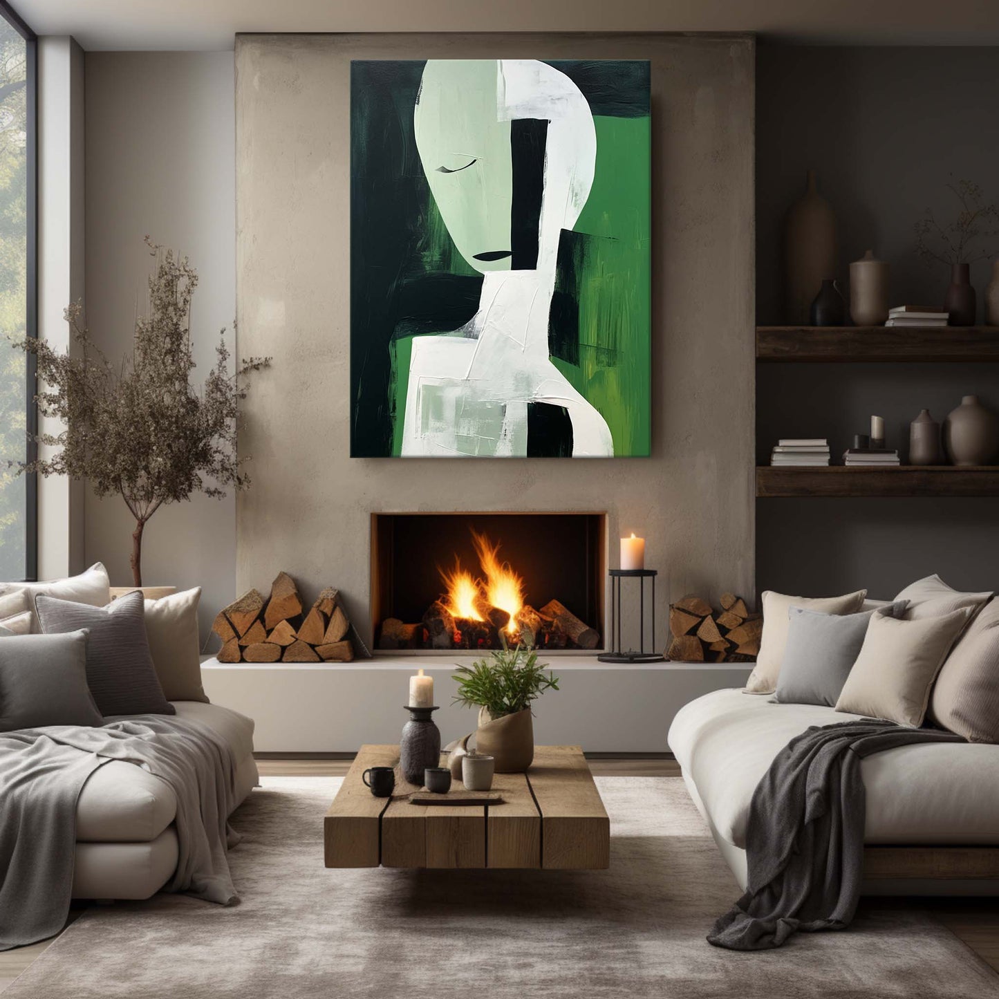 Elegant Minimalist Abstract Oil Painting in Green and Black Tones