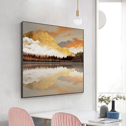 Serene Mountain Reflection Oil Painting in Warm Sunset Hues