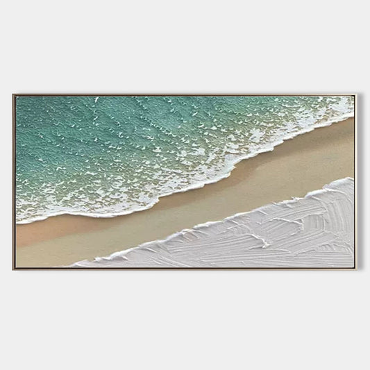 Serene Seaside Abstract Oil Painting with Textured Waves and Sandy Beach