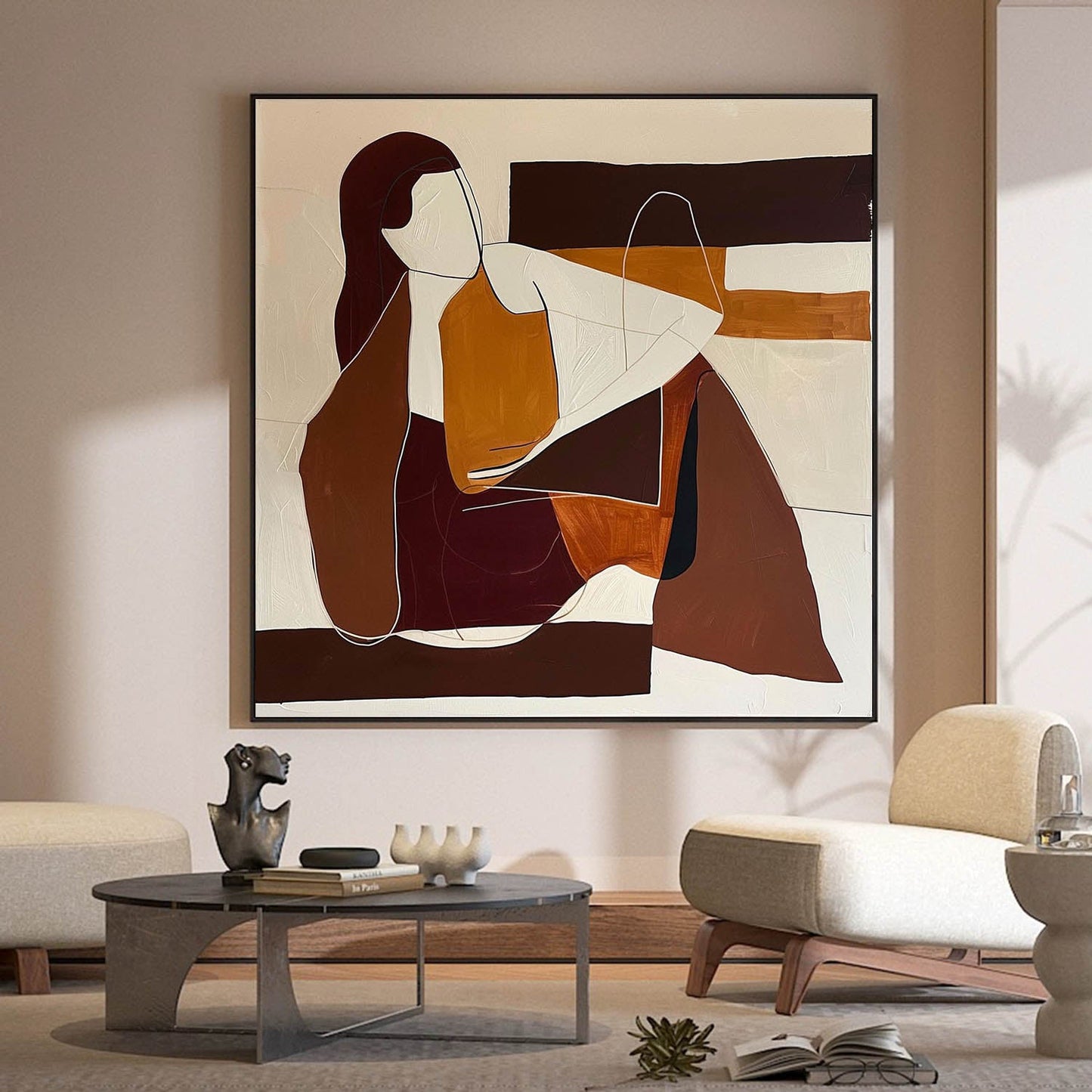 Contemporary Minimalist Oil Painting of Abstract Figures in Earthy Tones
