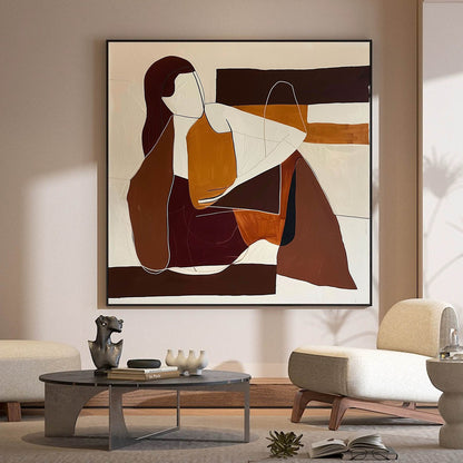 Contemporary Minimalist Oil Painting of Abstract Figures in Earthy Tones