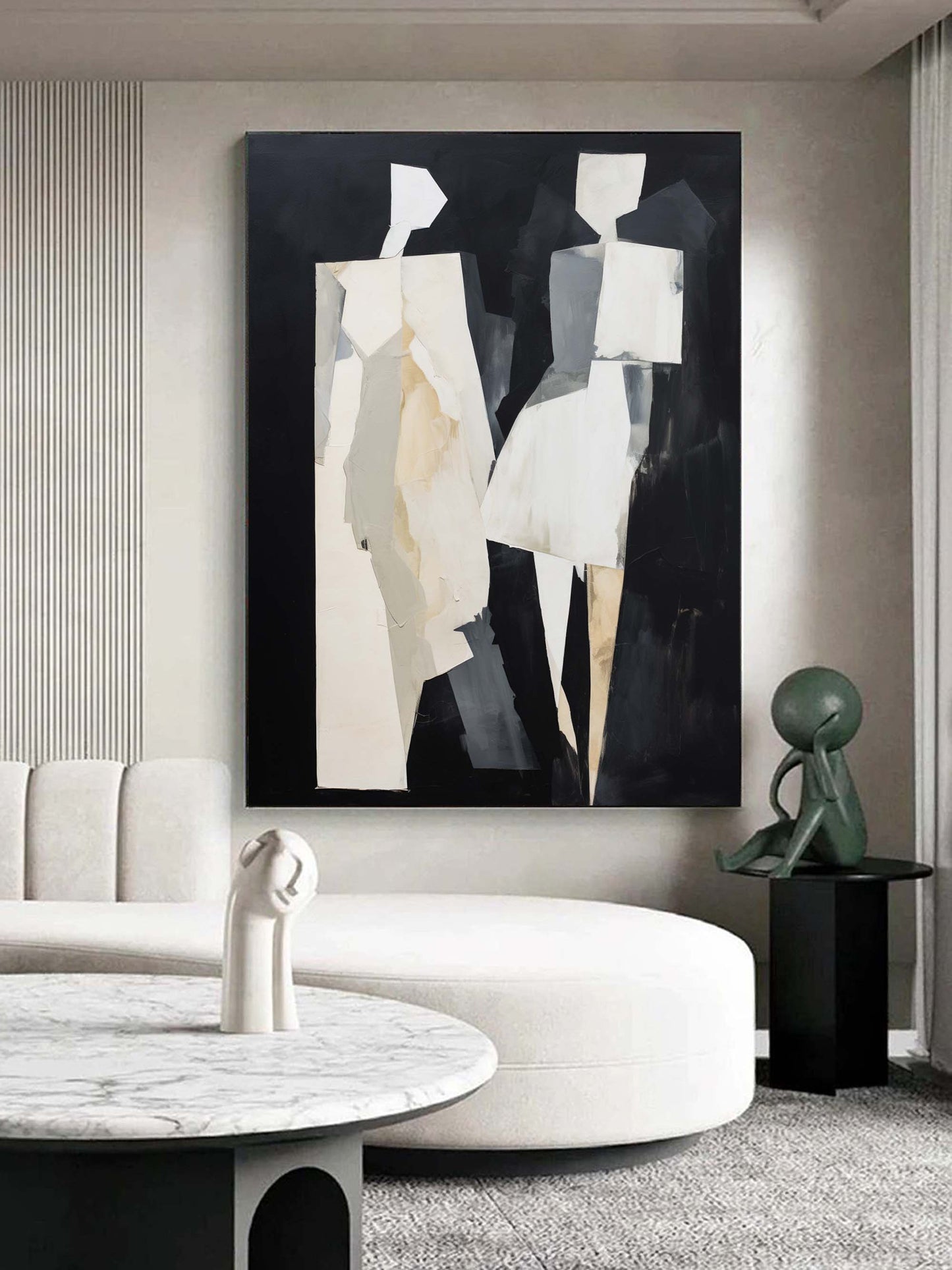 Abstract Minimalist Oil Painting of Figures in Monochrome Palette