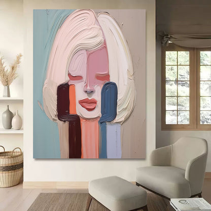Contemporary Abstract Oil Painting of a Serene Woman with Soft Pastel Colors