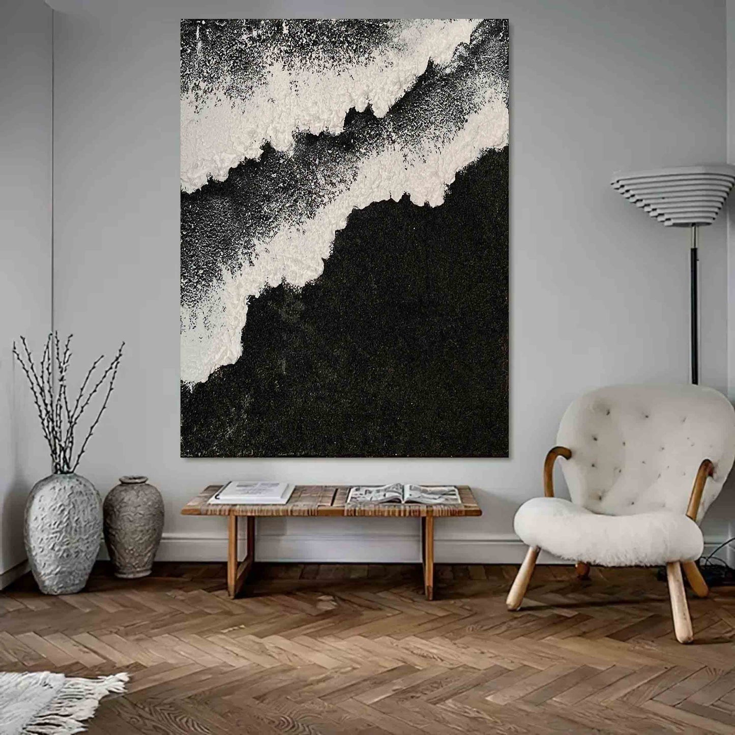 Abstract Black and White Textured Oil Painting for Modern Home Decor