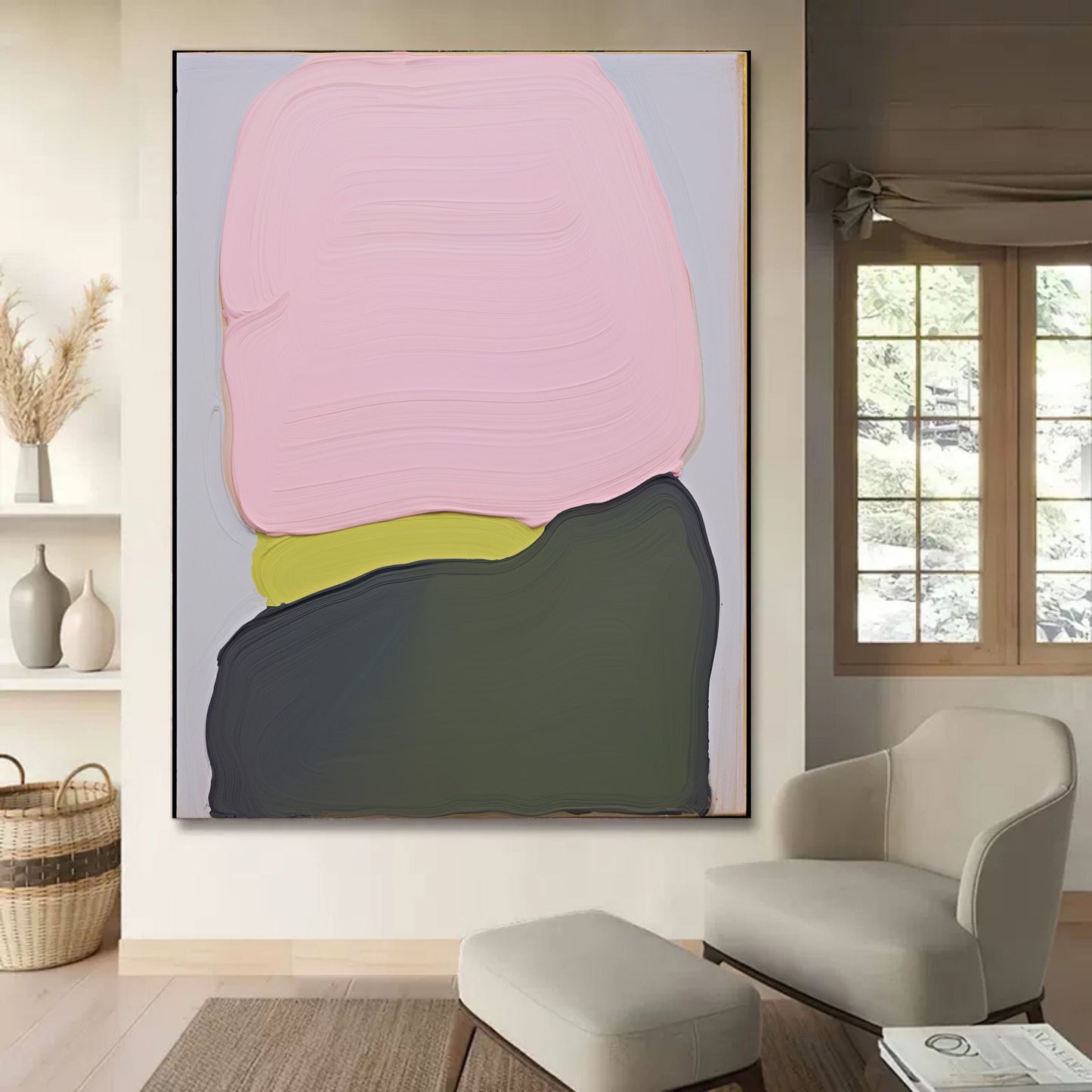 Modern Abstract Oil Painting with Soft Pastel Colors and Bold Contrasts