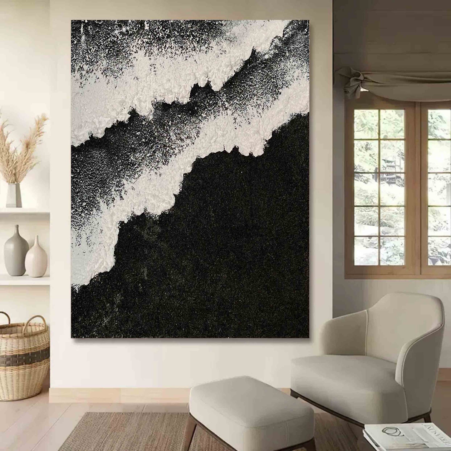 Abstract Black and White Textured Oil Painting for Modern Home Decor