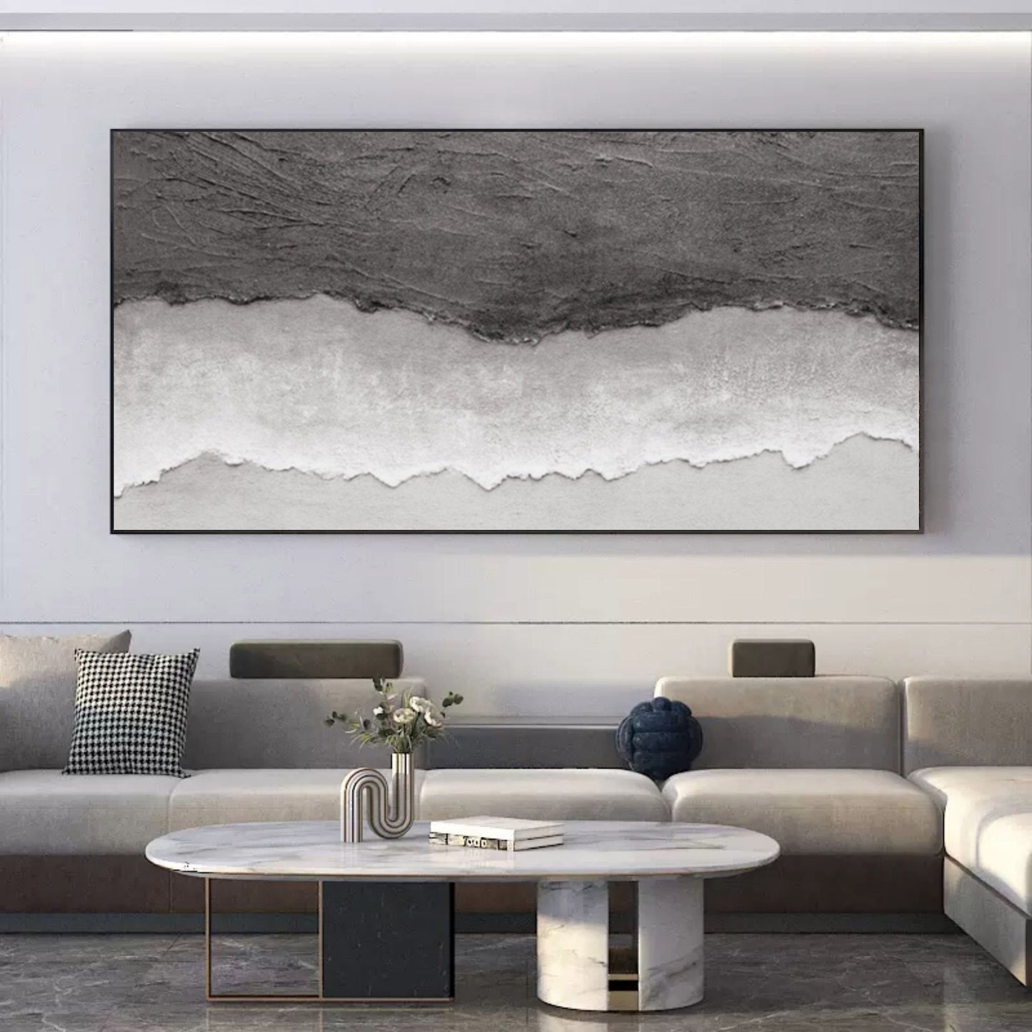 Textured Monochrome Abstract Oil Painting for Modern Home Decor