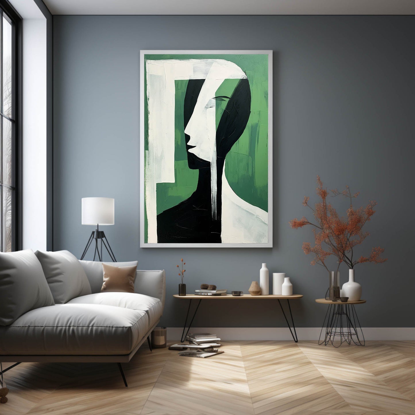 Abstract Green Face Oil Painting - Modern Minimalist Wall Art for Contemporary Spaces